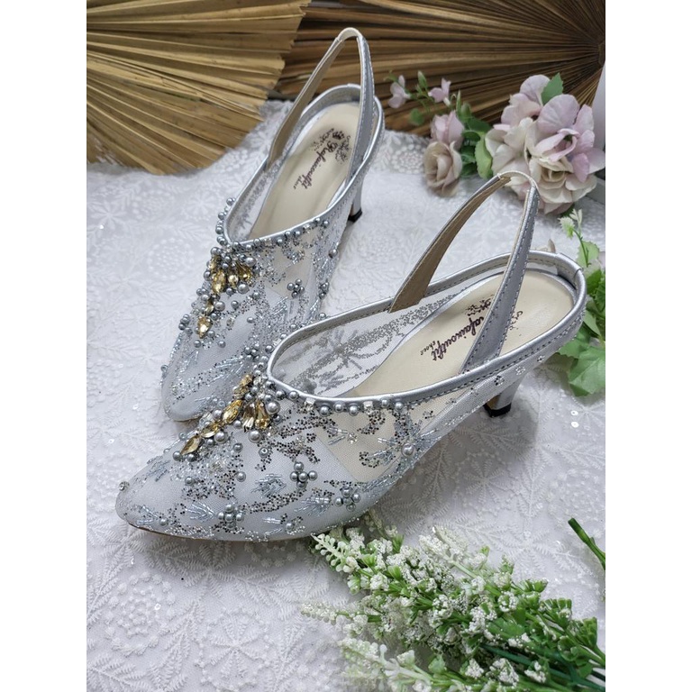 sepatu wedding cantik lauriena silver 7 cm runcing