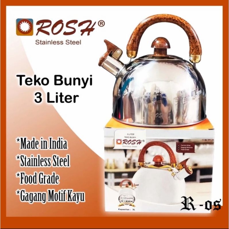ROSH Teko / Ketel / Ceret 3 Liter Whistling Kettle Wooden Stainless Steel Anti Karat ROS