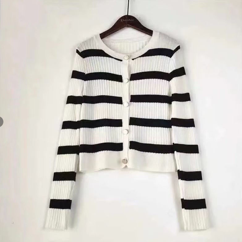 YIU YIU Rajut - Korea Cardigan Rajut Crop Stripe Sweater Cardigan Lengan Panjang