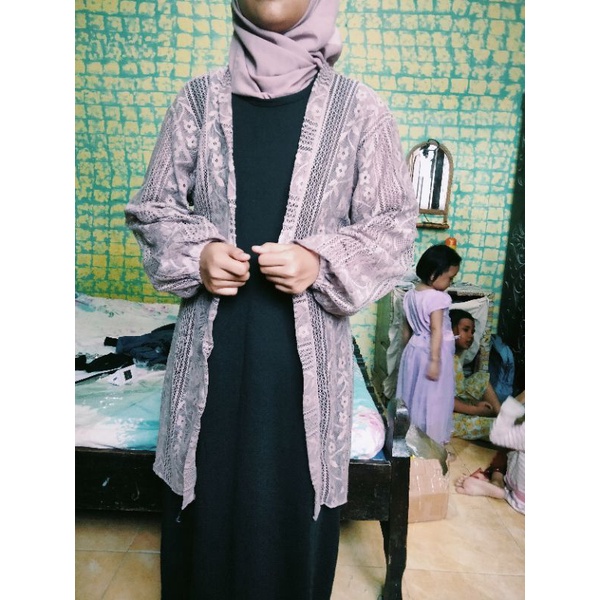 set 4 in 1, long dress, cardi brukat, inner dan jilbab premium