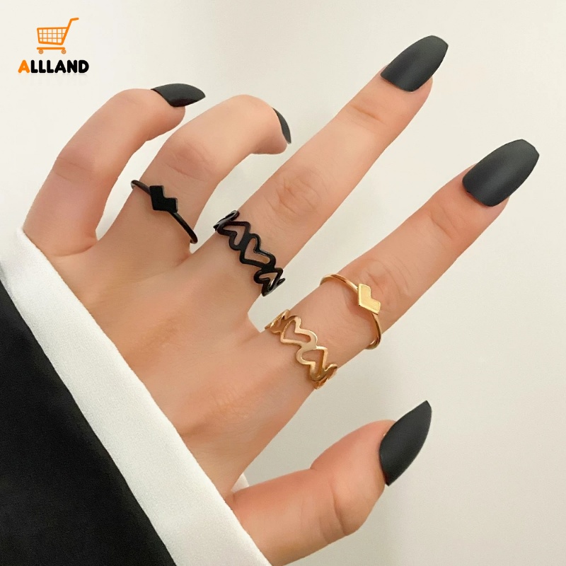 Set Cincin Model Terbuka Adjustable Desain Hati Hollow Warna Emas Hitam Gaya Korea Untuk Pasangan