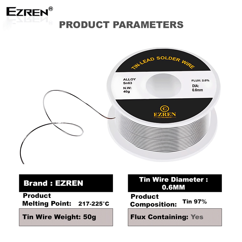 Ezren Timah Gulung Solder Kawat Las Rosin Core Tin Flux 2.0% 0.6mm