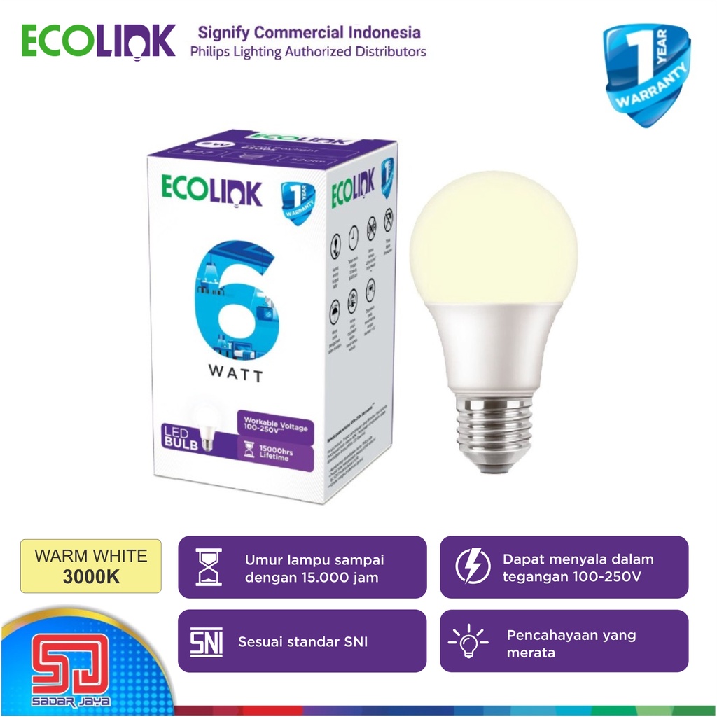 ECOLINK Lampu 6W LED 6Watt Bulb Bohlam 6 Watt - 3000K WarmWhite