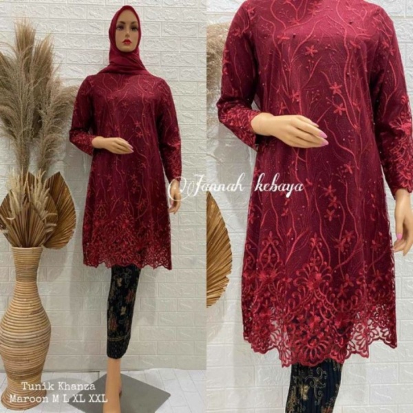 Jual SET KEBAYA TUNIK KANZA TILLE/KEBAYA PESTA/KEBAYA KONDANGAN/BESSTT SELL - maroon M Diskon