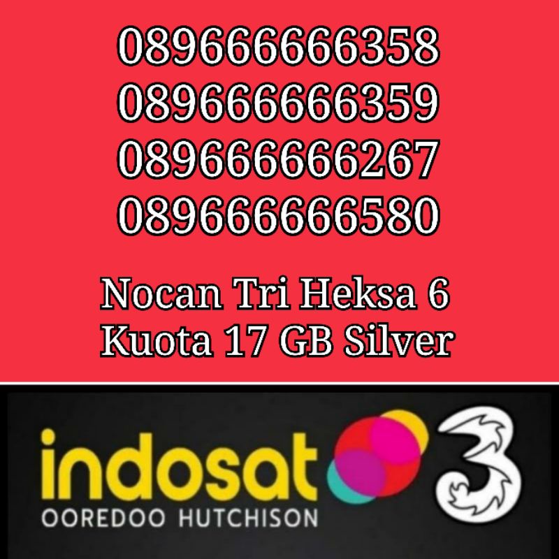 NOCAN Nomor Cantik Kartu Hexa Heksa 6 Perdana 3 Tri Three 4G LTE Kuota 18 GB NASIONAL REGULER