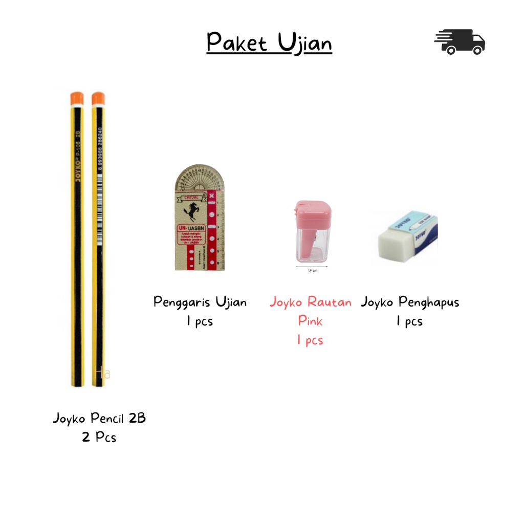 

Paket Ujian Sekolah terdiri dari Alat Tulis Pinsil, Penghapus, Rautan dan Penggaris Ujian