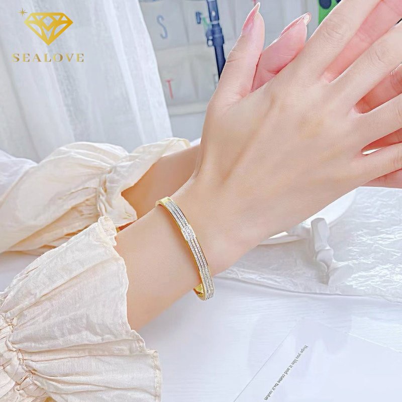 Gelang Titanium lapis emas 18k ANTI KARAT perhiasan 3Baris permata berlian hadiah wanita mewah