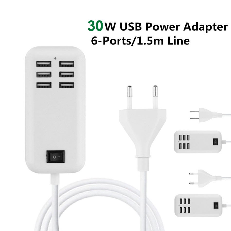 Actual【COD】Charger Adaptor 6port 30W Travel Adaptor Usb Charger 6A Rapid Charging Station Mobile Phone Desktop Travel Hub Connectors Extension Sock