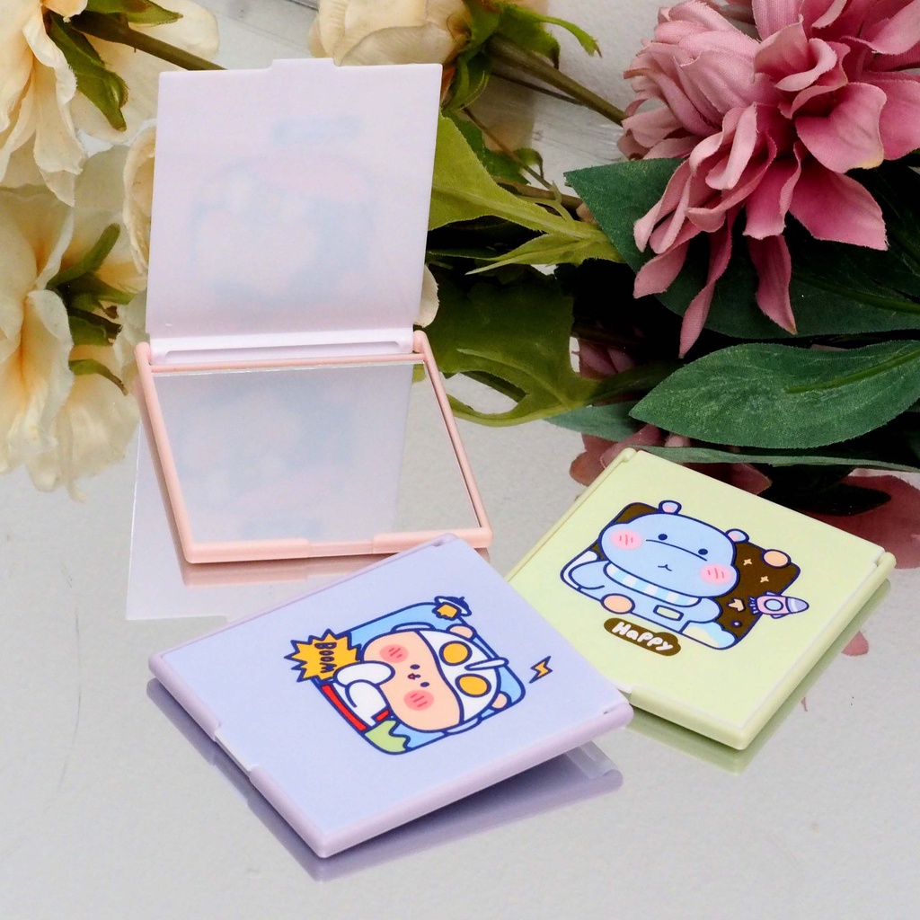 Cermin Lipat Kotak  Motif Animals Planet Cute Kaca Lipat Make Up Cermin Saku Portable