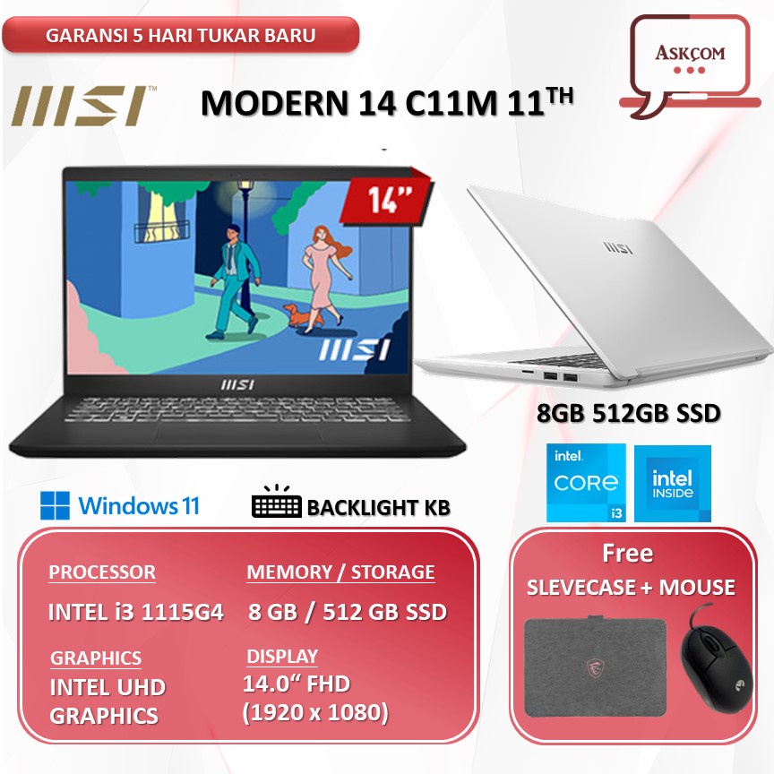 Laptop Gaming MSI Modern 14 i3 1115G4 RAM 8GB 1TB ssd 14.0FHD IPS Windows11 Backlit C11M.244/C11M.243