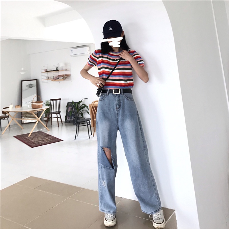 Korean Highwaist Sobek Celana Jeans Wanita Loose Murah Ukuran Jumbo