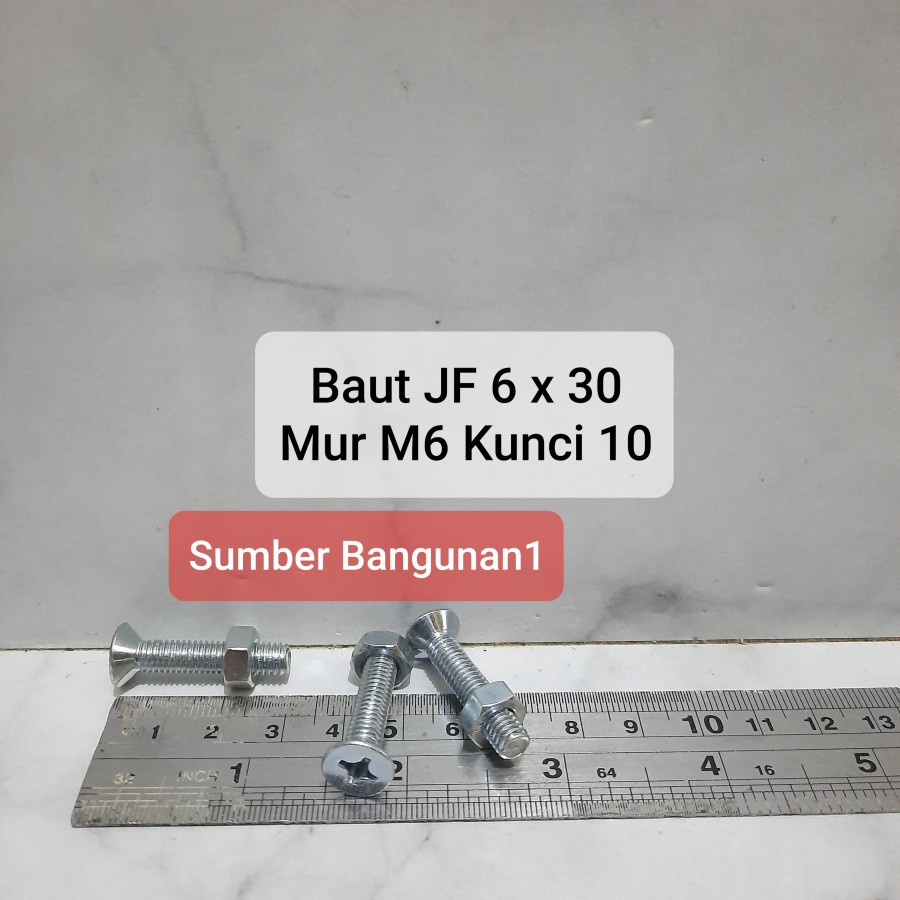 [10pcs] Baut JF 6 x 30 Putih 3cm kepala rata Mur M6x30 panjang 30mm kunci 10