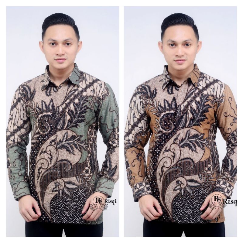 Kemeja batik pria motif kate hijau kuning lengan panjang seragam kerja kantor