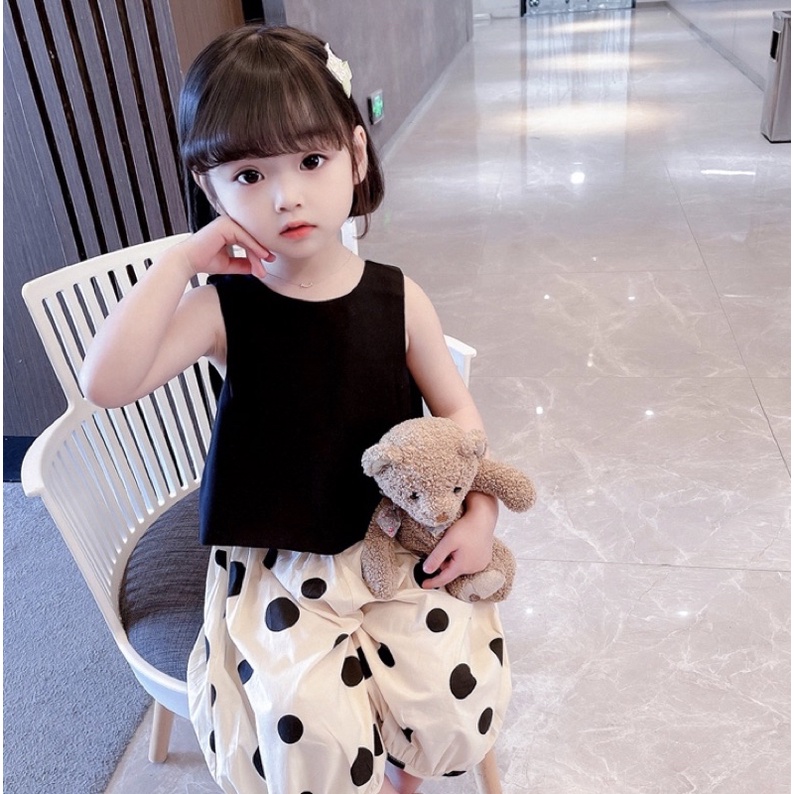 Setelan Anak Import korea/ Baju Anak Import / Setelan Katun Anak Perempuan / Baju Katun Motif Polkad