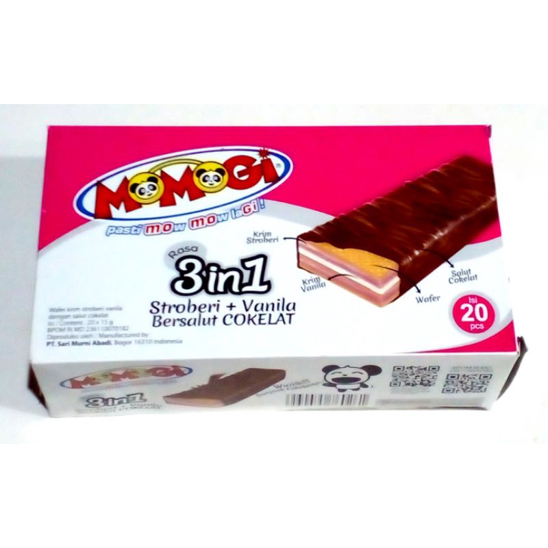 

MOMOGI 3 IN 1 STROBERI + VANILA BERSALUT COKLAT 1 BOX