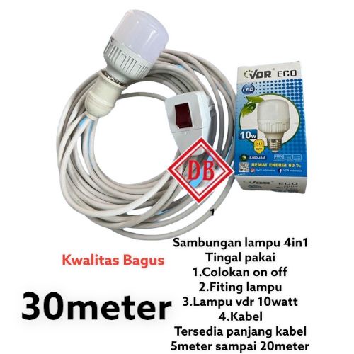 4in1 TINGGAL PAKAI LAMPU 10watt+FITTING GANTUNG+STEKER ON OFF +KABEL 2x1,5mm 30METER