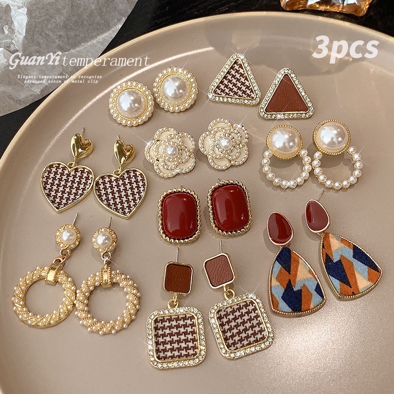 3pcs / Set Anting Stud 925 Hias Mutiara Gaya Korea Retro Untuk Wanita