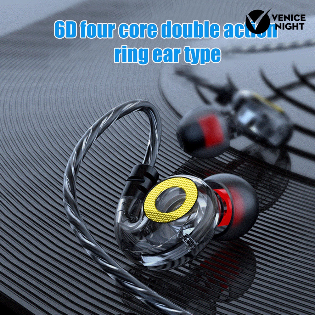 (VNEP) (Berkabel) 6D 4-Core Dual Moving Coil 3.5mm In-Ear Bass Musik Earphone Olahraga Headset