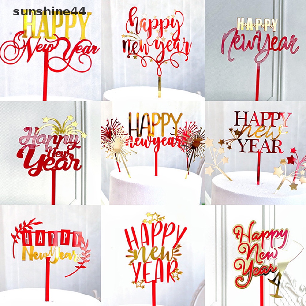 Sunshine 1PC Topper Kue Bahan Akrilik Motif Happy New Year Untuk Dekorasi Pesta Tahun Baru