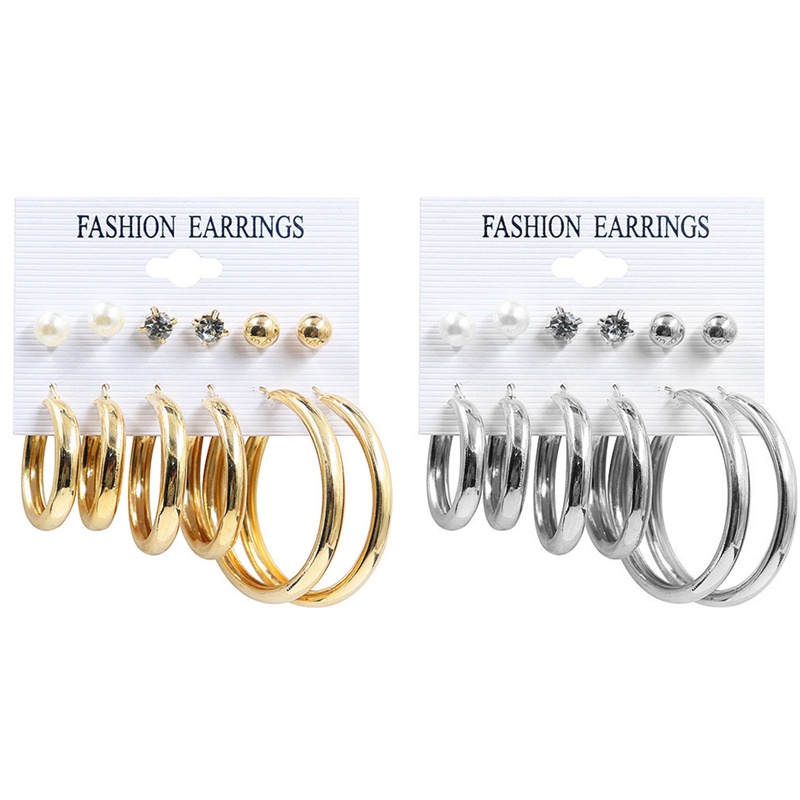 Fancyqube 6 Pasang / Set Anting Bulat Besar Warna Emas Hias Mutiara Kristal Berlian Imitasi