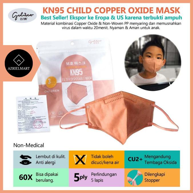 Masker KN95 Anak Copper Oxide Original Masker Anti Virus Tembaga 3pcs t-azrielmartindonesia Segera B