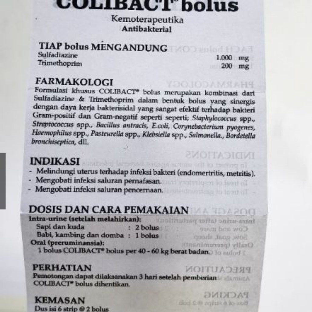 COLIBACT Bolus 1 pcs | Obat Antibiotik Hewan Diare Batuk Pilek | Infeksi Saluran Pencernaan Pernafasan Kemih | SANBE | Apoternak