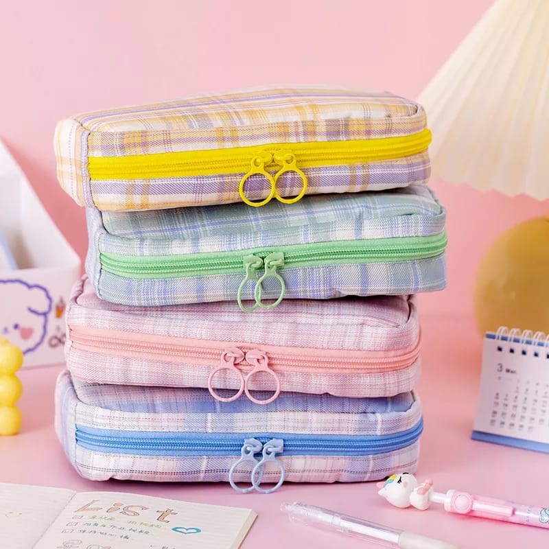 

[Miloli] Kotak Pensil Grid Kanvas Macaron Kapasitas Besar Portabel Multifungsi Style Stationery -
