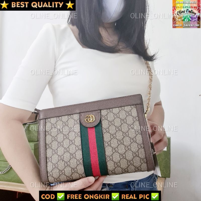 tas wanita clutch medium selempang merah hijau brown red green coklat gift set gift box kecil sedang kotak logo klasik gg persegi panjang ophidia shoulder bag gc