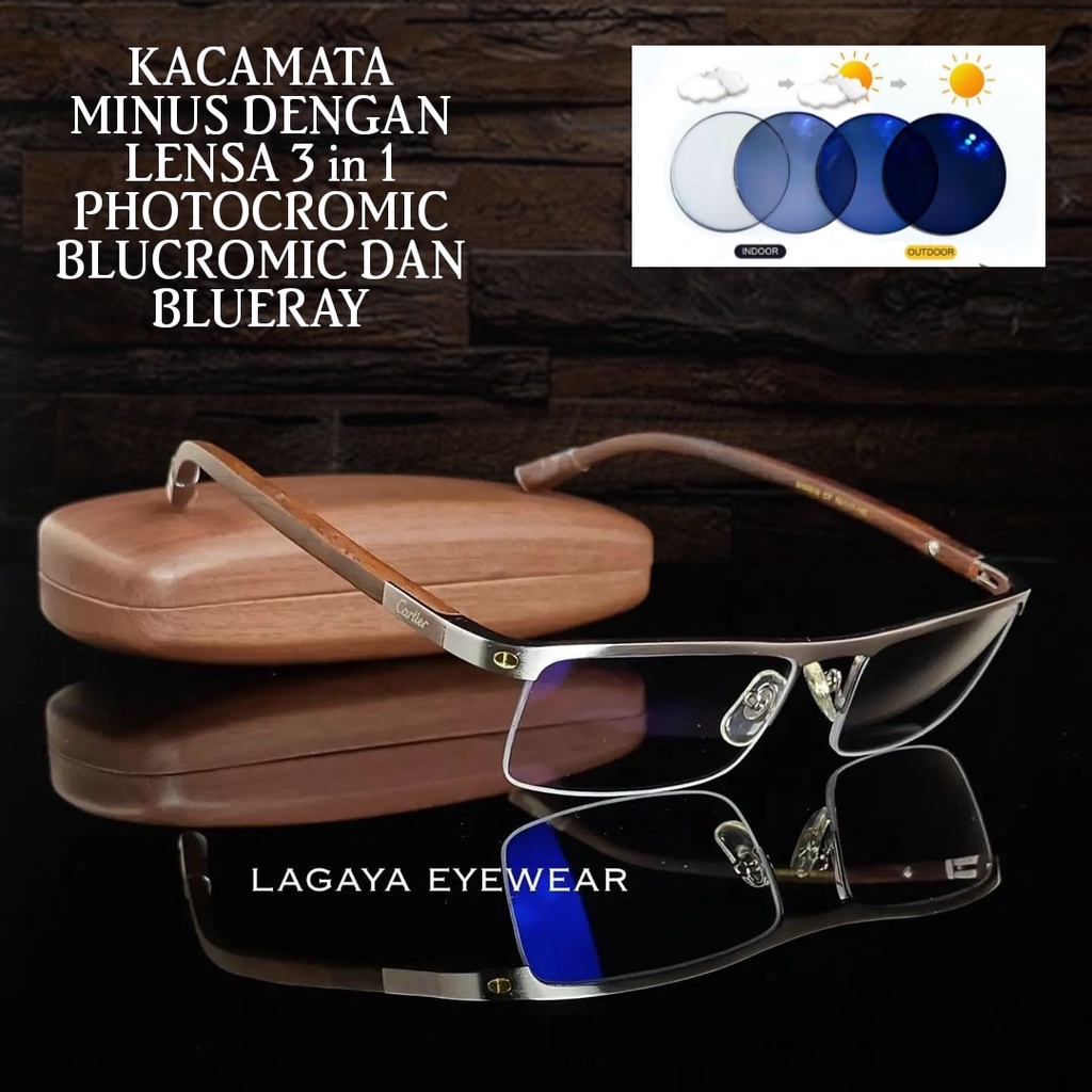 KACAMATA HITAM PRIA WANITA UNISEX BLUECROMIC UV 400 CARTIER 81008 FREME TITANIUM KAYU TREND NOW
