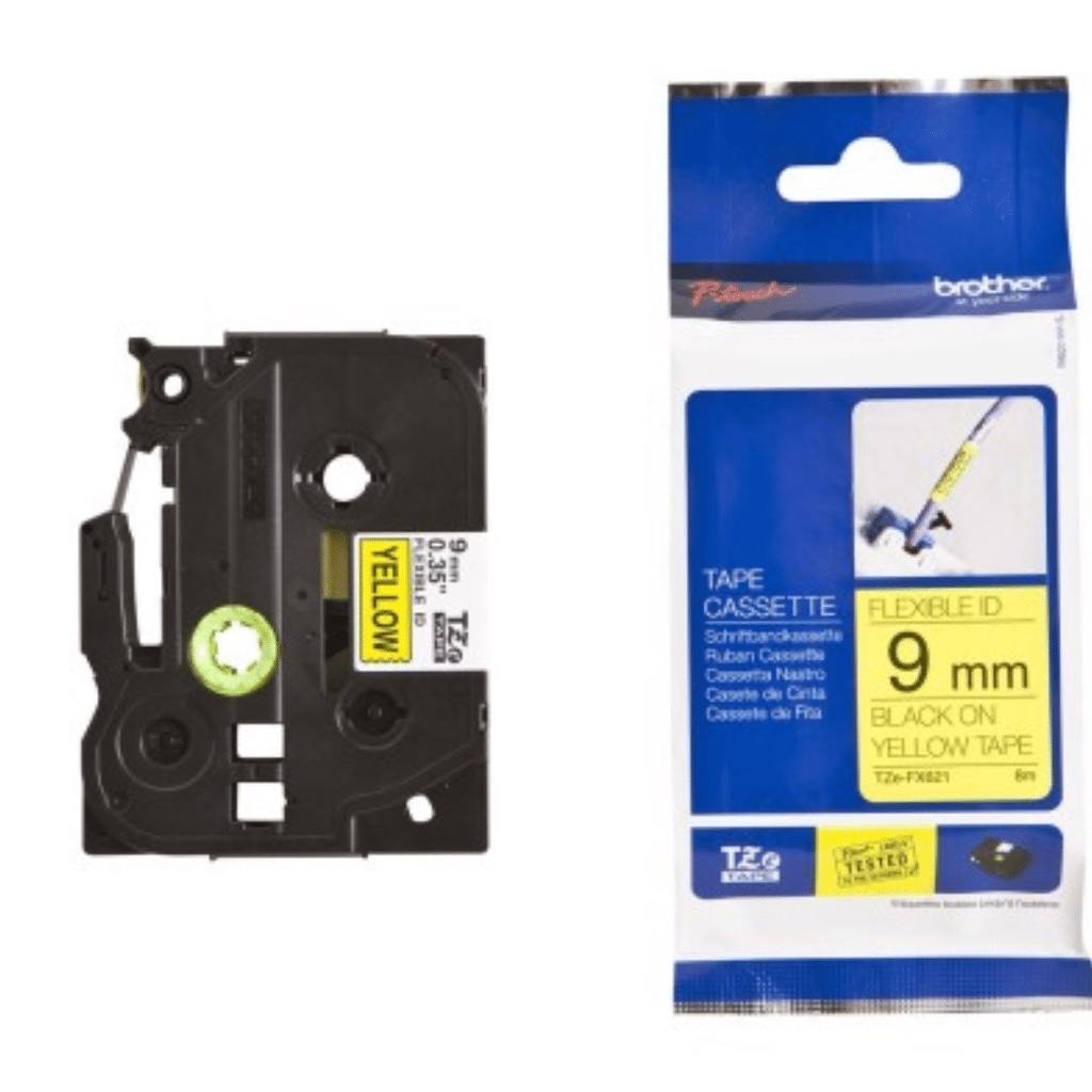 

BROTHER TZE-FX621 FLEXIBLE, BLACK ON YELLOW, 9MM TZE FX621 8MTR