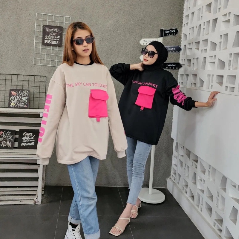 Sweater wanita HELLO POCKY PINK OVERSIZE  Sweater wanita pocket baju wanita Fleece atasan wanita Korea style