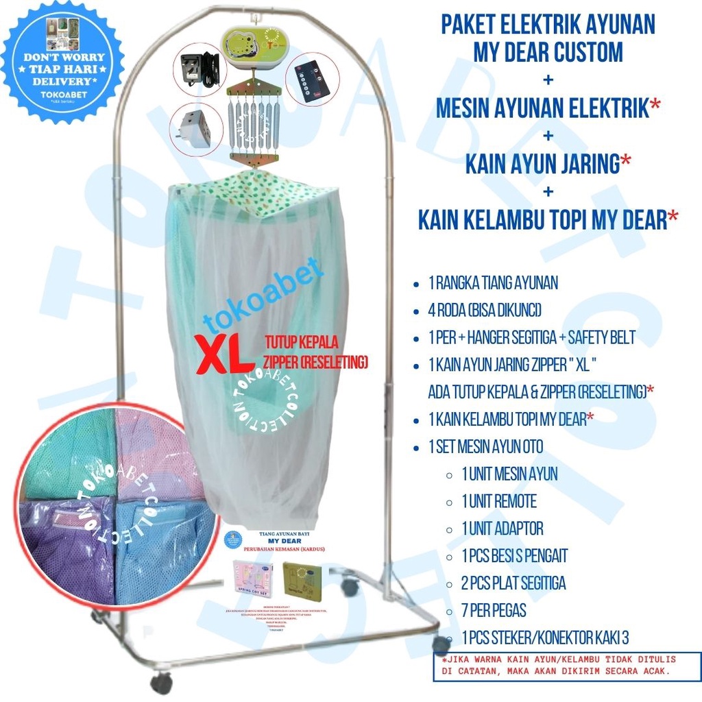 Paket Tiang Ayunan Elektrik  Kain Jaring dan Kelambu Topi Mesin Ayun OTO Tiang MY DEAR Chrome Stainless sebagai Perlengkapan Tidur Bayi sesuai Kebutuhan Baby TOKOABET