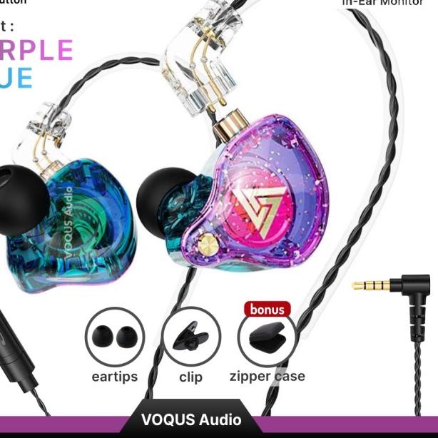 Earphone QKZ AK6 Pro Mic Bass In Ear Monitor Headset Detachable IEM - Ungu-Biru