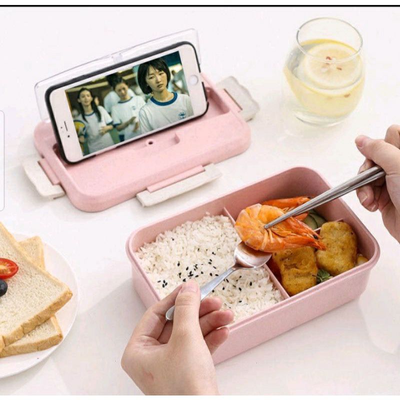 JT - KM001 1 set Lunch Box Set Kotak Bekal Makan Jerami Gandum kotak makan Anti Tumpah Free Sendok dan Garpu