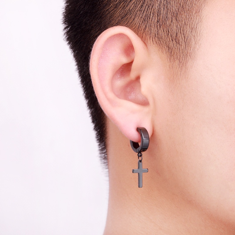 1 Pc Anting Stud Tanpa Lubang Liontin Salib Bintang Menjuntai Bahan Stainless Steel Gaya Punk Gothic Untuk Unisex