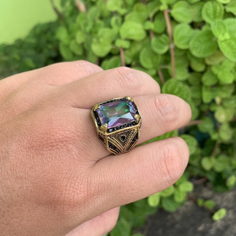 Cincin Pria Batu Mystic Rainbow Mistik Quartz Ring Gaya Turki