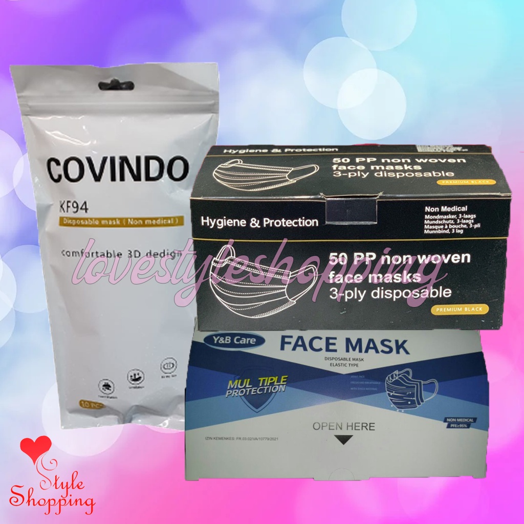 Masker 3 Lapis Disposable 3 Layers Mask FDA APPROVED BFE 95% / Duckbill YNB 50 pcs Premium Black Whi