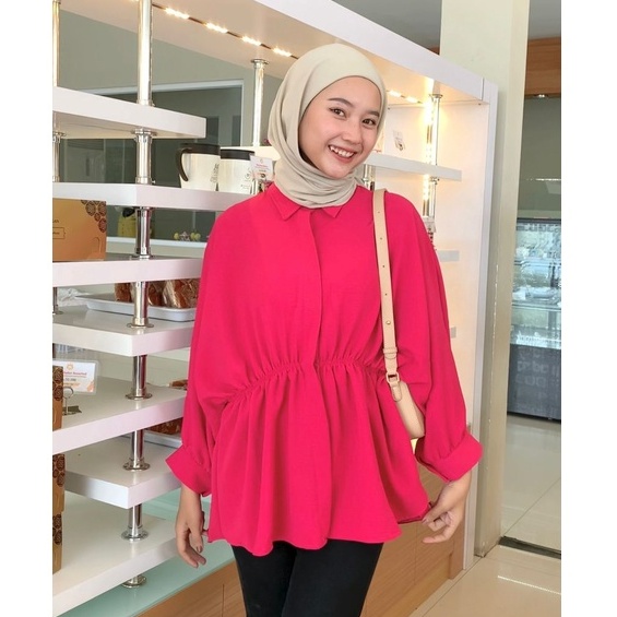 Aliya Blouse Kerut Wanita Oversized - Batwing Top Blouse - Atasan Wanita - Kemeja Wanita - Baju Lengan Panjang Wanita - Laura Cotton Top Blouse - Atasan Blus