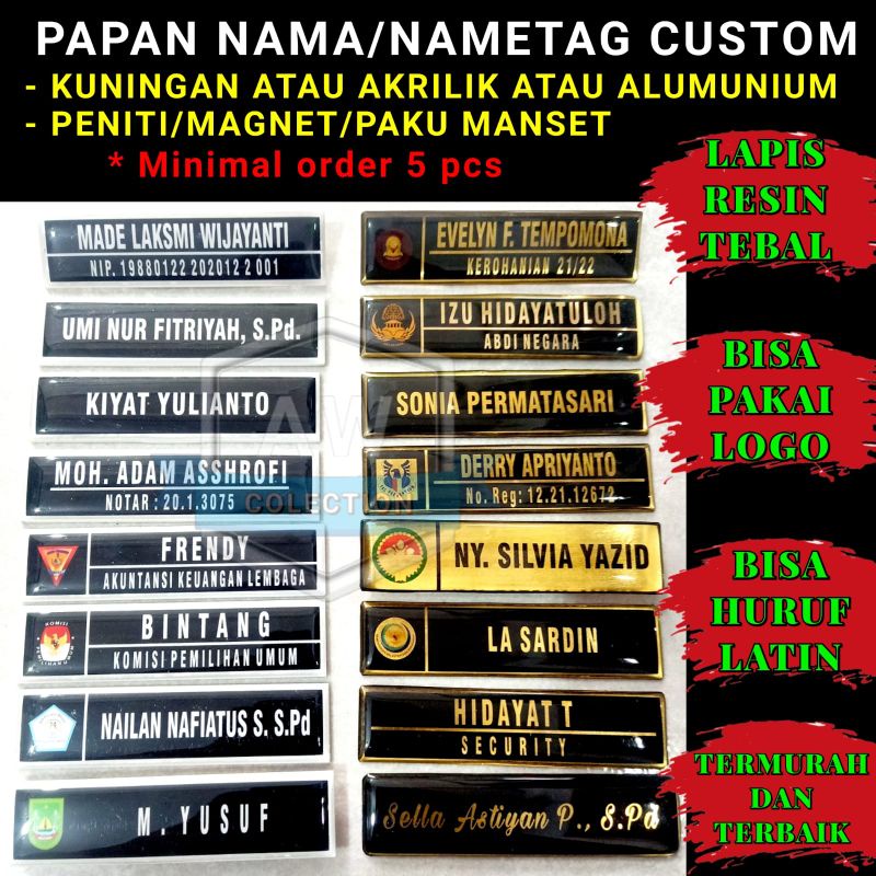 

Papan nama / nametag custom kuningan/akrilik [ minimal order 5 pcs ] Termurah