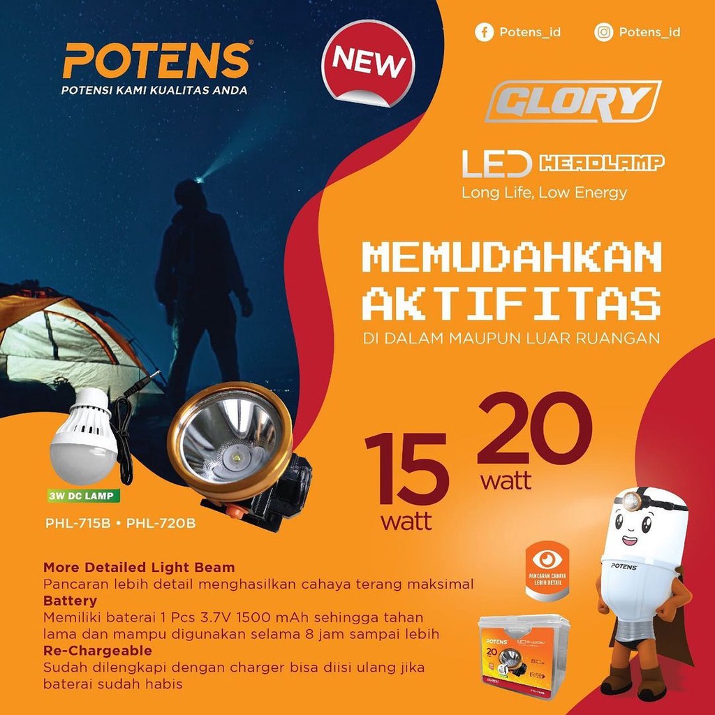 ✤ ACCBAYI✤ PHL Potens Original Headlamp 15 Watt + LED 3 Watt Lampu Senter Kepala Head Charger Lamp Premium Import