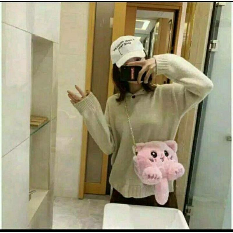 Tas Selempang Boneka Kucing | Tas Selempang Miaw | Bahan Bulu import dari korea | Murah Bisa COD