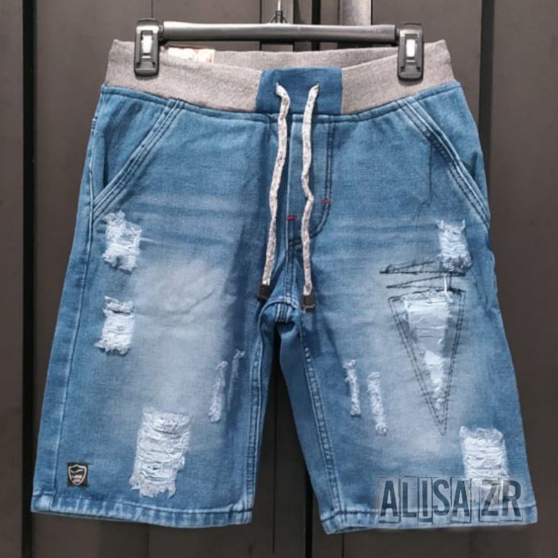 paling dicari Celana Pendek jeans pinggang kolor motif robek Rippedjeans