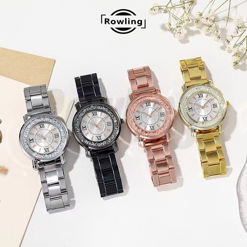 Rowling (Jam-79) Jam Tangan Wanita Bulat Stainless Jam Tangan Wanita Quartz dengan Strap Stainless Steel Diamond TANPA ACCESORISGold Import