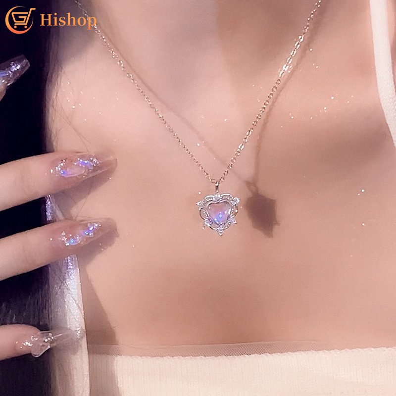 Kalung Rantai Choker Liontin Hati Aksen Kristal Permata Warna Silver Untuk Wanita