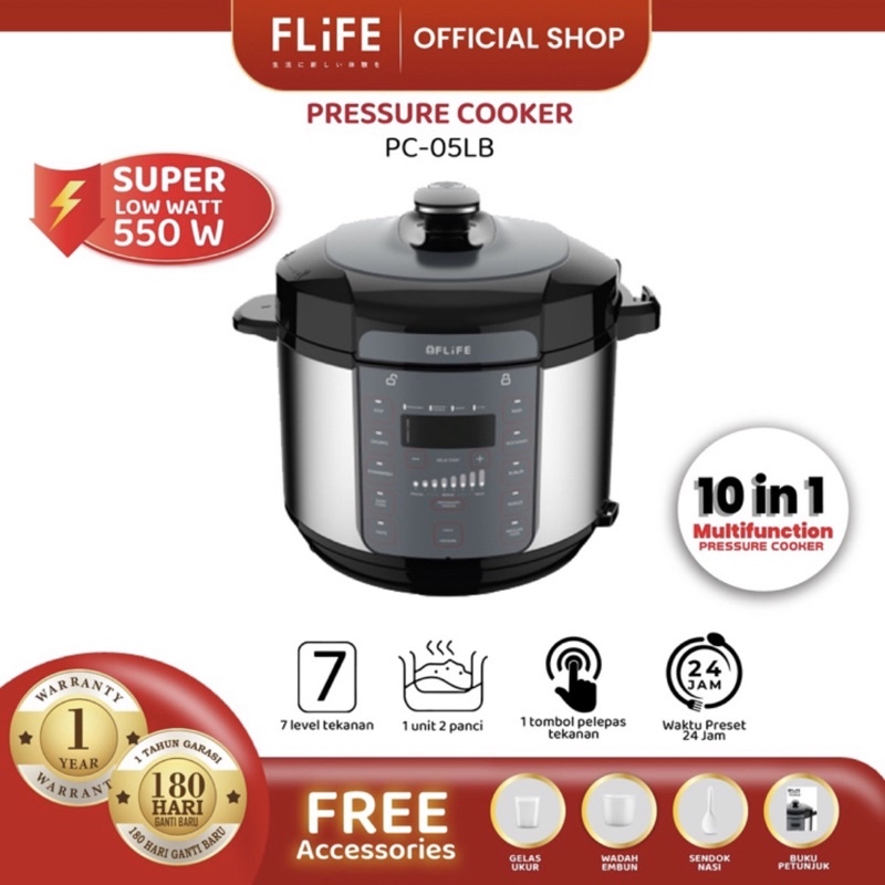 [ FLIFE ] Rice cooker / Magicom / Presto / Elektronik Pressure Cooker FLIFE - PC05LB - Alat Masak Serbaguna 10 in 1 Multifungsi ukuran 5 Liter - Super Low Watt 550 W!