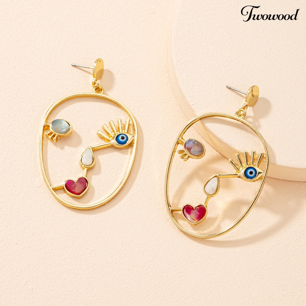 1 Pasang Anting Stud Bentuk Wajah Abstrak Hollow Out Geometris Warna-Warni Untuk Wanita