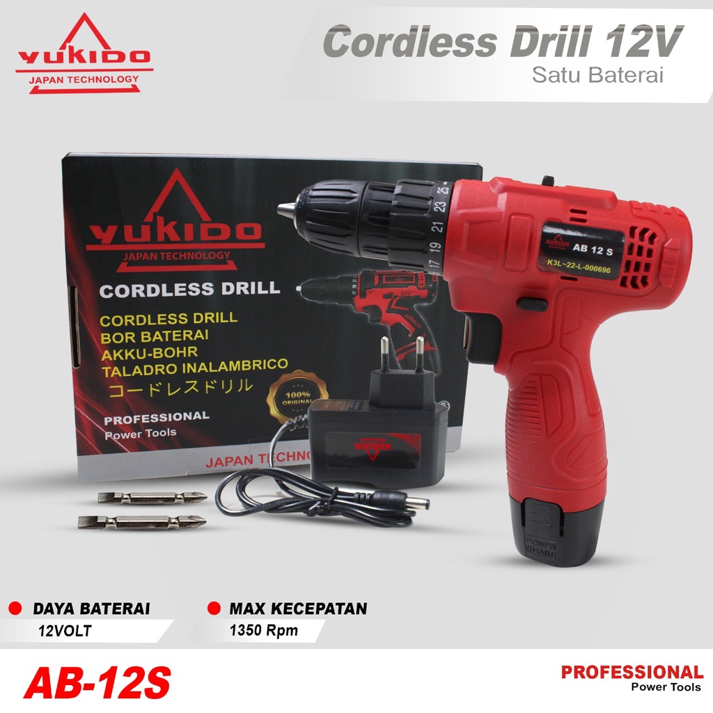 YUKIDO brusles Cordless Drill Battery 12s - Mesin Bor Baterai Tangan Tanpa Kabel 12 V HITAM JLD