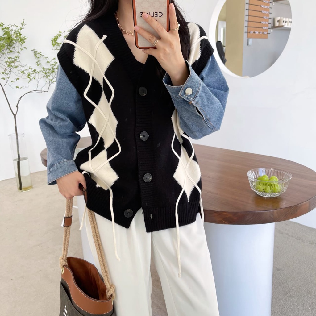 YR 3M 48005 DALMIAN KOMBINASI KNIT RAJUT DAN DENIM JEANS JACKET PREMIUM FASHION IMPORT THREE M TM