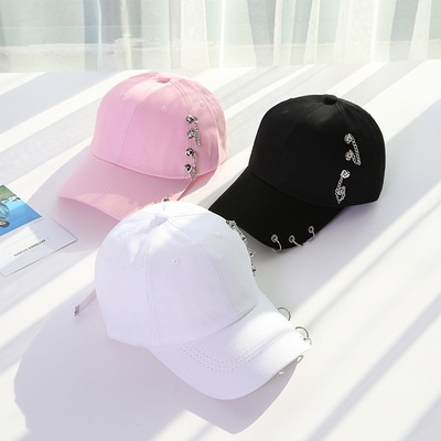 Topi Baseball Hip Hop Adjustable Dengan Cincin Besi + Rantai Metal