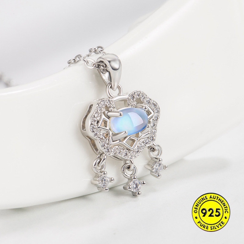 Kalung Rantai Sterling Silver 925 Dengan Liontin Batu Moonstone Untuk Wanita U1400